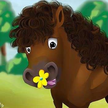 Zeichentrick Pferd mit gelber Blume im Maul